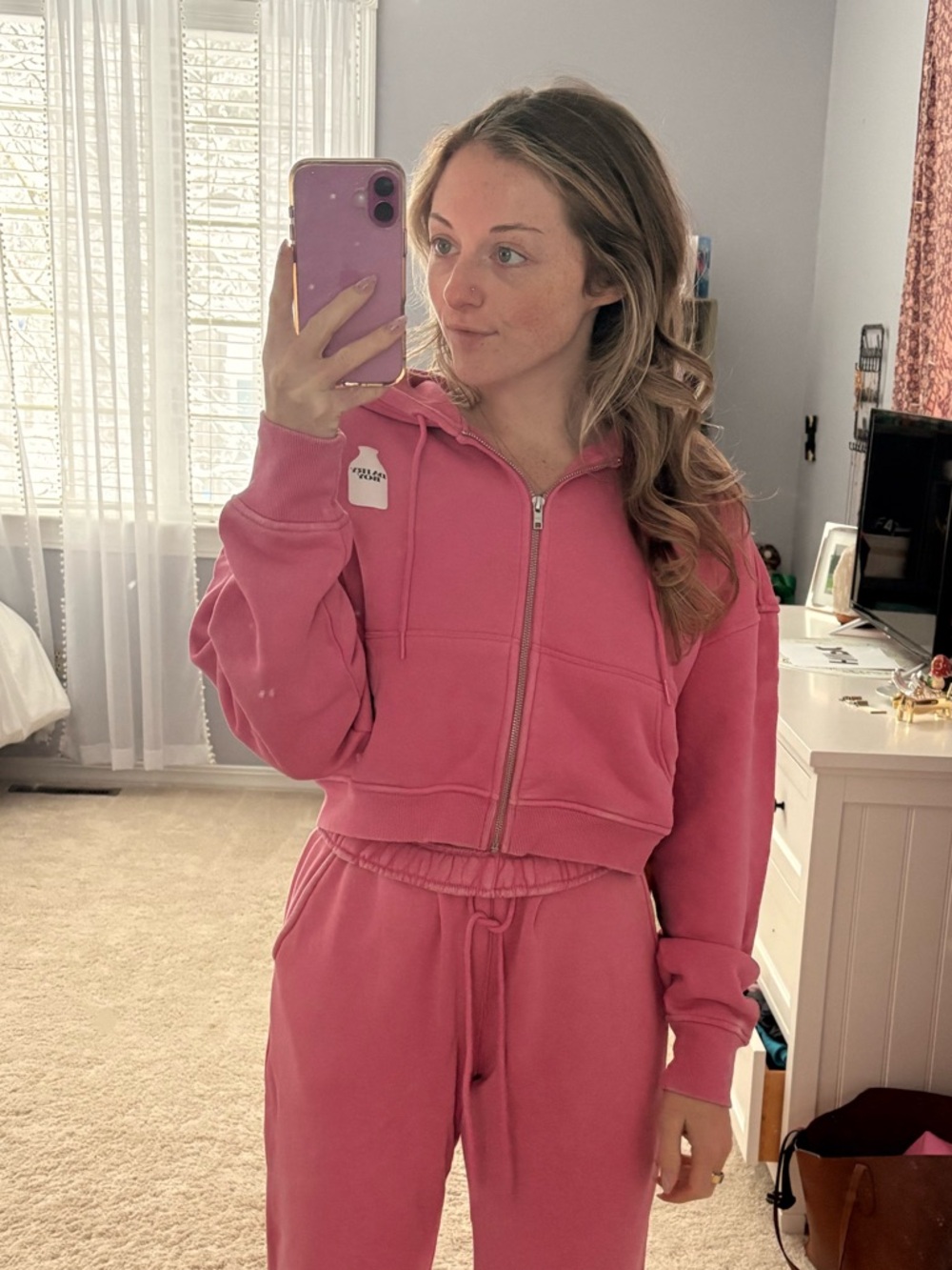 Dairy Boy Milk Bottle Pink Zip-Up Crop Hoodie M
